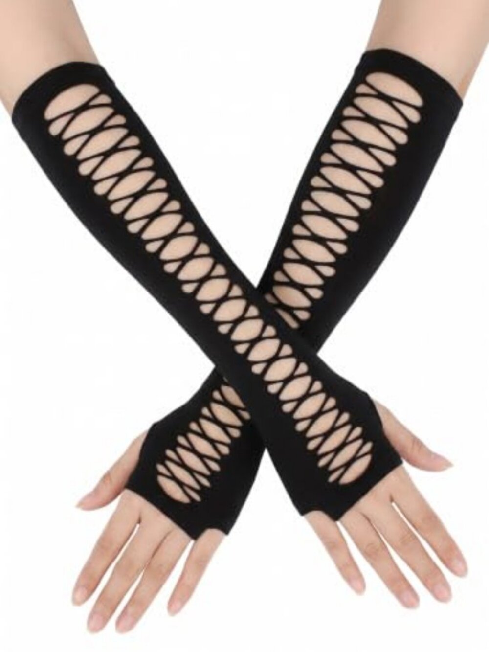 Long Black Fishnet Gloves for Women Cut Out Fingerless Arm Sleeve